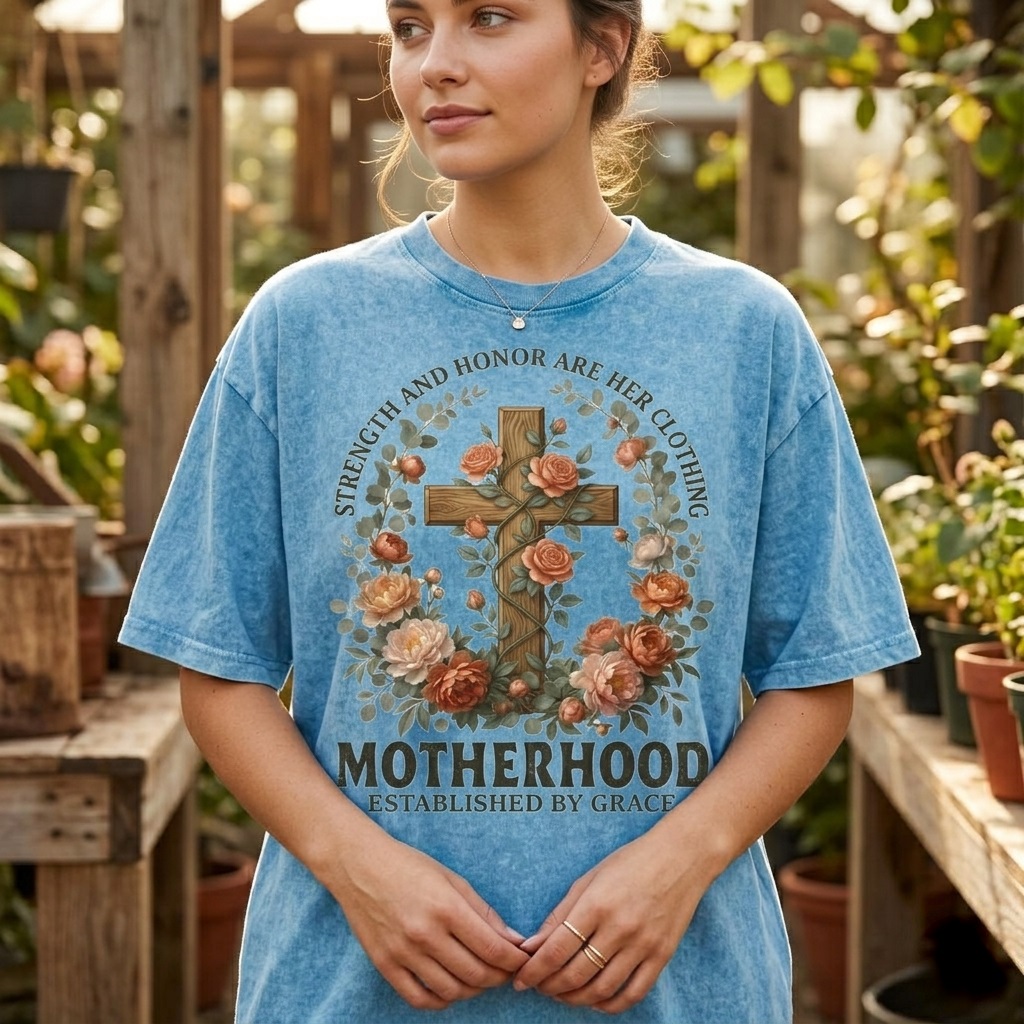 Motherhood Established by Grace Wash Tee – Vintage Christian Motherhood Gift - detail view
